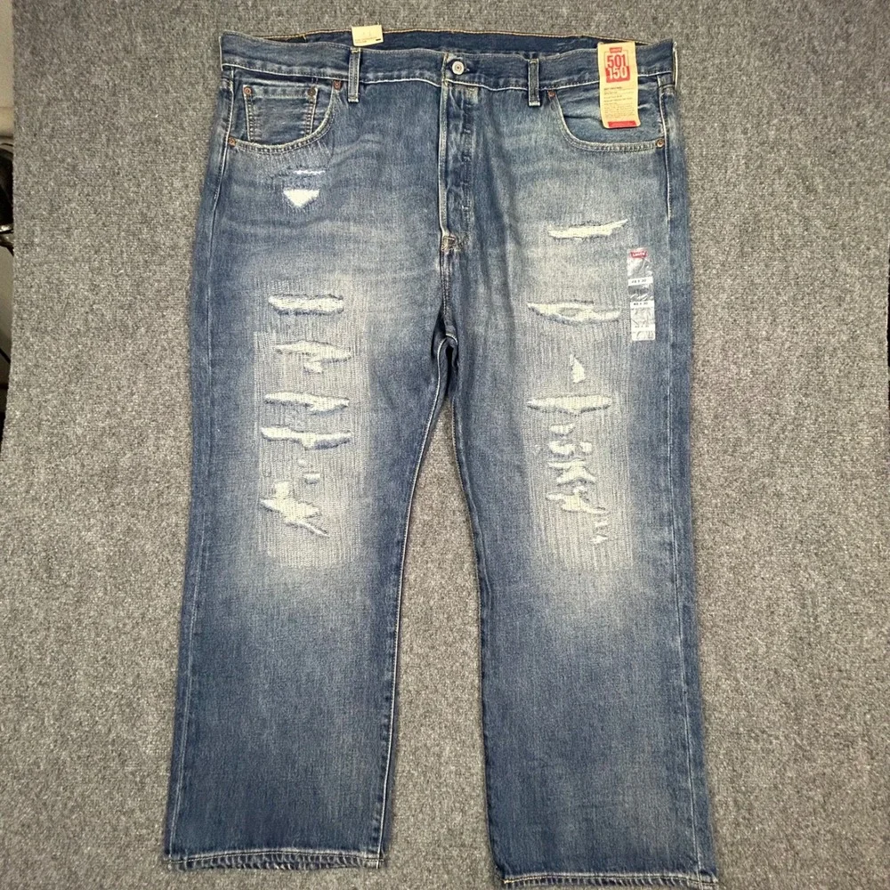 Levi's 501 Jeans Mens 48x30 Blue Distressed 150th Anniversary Button Fly Denim